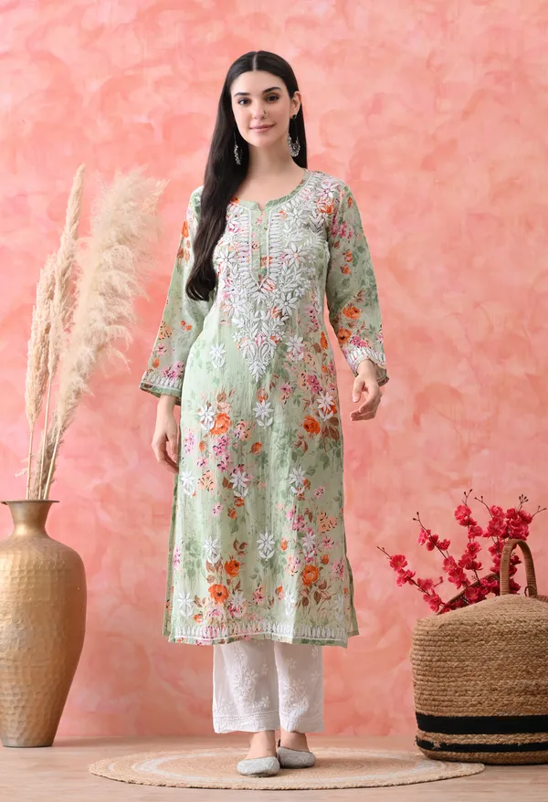 Hand_Embroidered_Chikankari_Mulmul_Floral_Print_Kurta-Light_Green