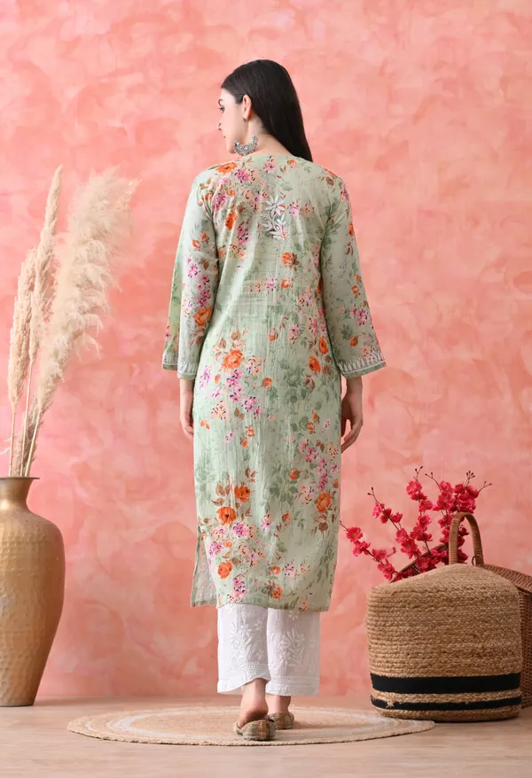 Hand_Embroidered_Chikankari_Mulmul_Floral_Print_Kurta-Light_Green