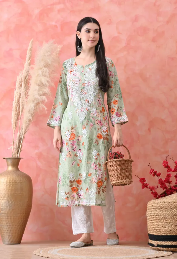 Hand_Embroidered_Chikankari_Mulmul_Floral_Print_Kurta-Light_Green