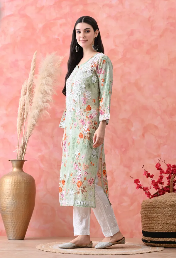 Hand_Embroidered_Chikankari_Mulmul_Floral_Print_Kurta-Light_Green