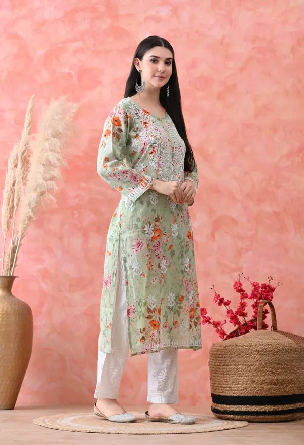 Hand_Embroidered_Chikankari_Mulmul_Floral_Print_Kurta-Light_Green
