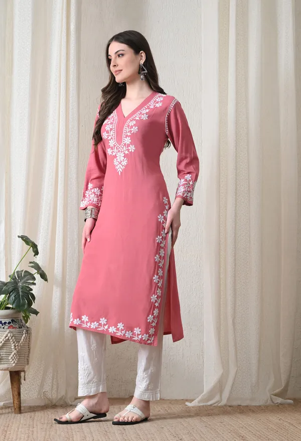 Onion_Pink_Hand-Embroidered_Chikankari_Rayon_Straight_Kurta