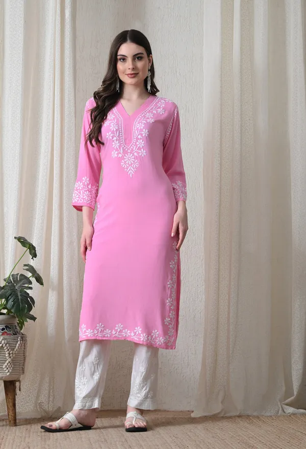Pink_Hand-Embroidered_Chikankari_Rayon_Straight_Kurta
