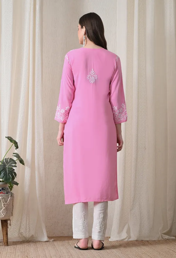 Pink_Hand-Embroidered_Chikankari_Rayon_Straight_Kurta