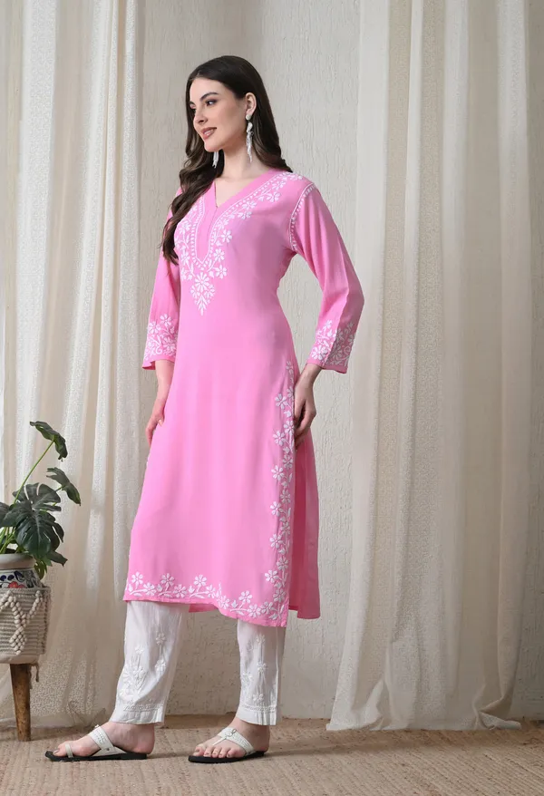 Pink_Hand-Embroidered_Chikankari_Rayon_Straight_Kurta