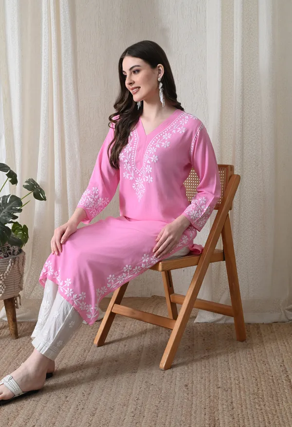 Pink_Hand-Embroidered_Chikankari_Rayon_Straight_Kurta
