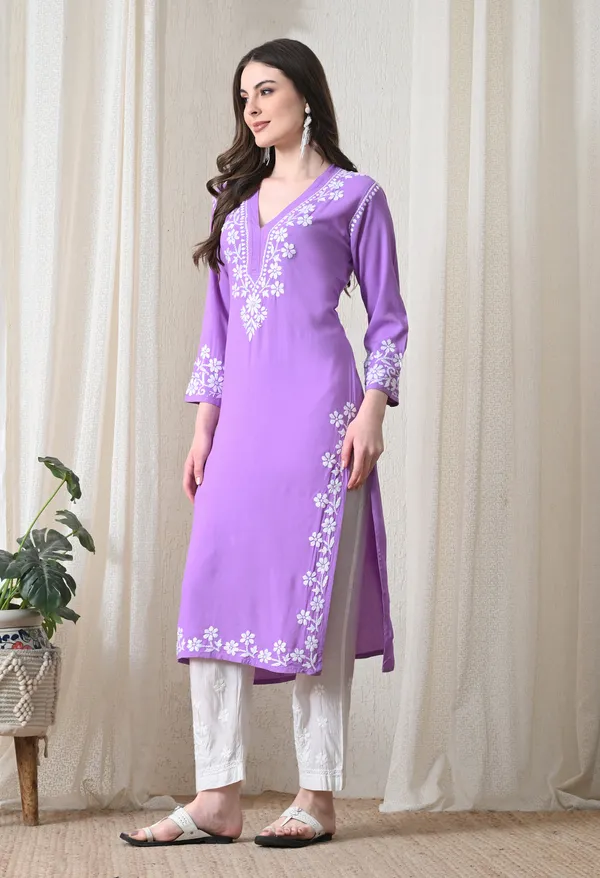 Purple_Hand-Embroidered_Chikankari_Rayon_Straight_Kurta