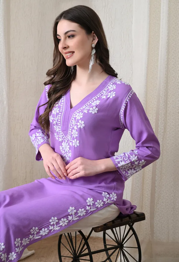Purple_Hand-Embroidered_Chikankari_Rayon_Straight_Kurta