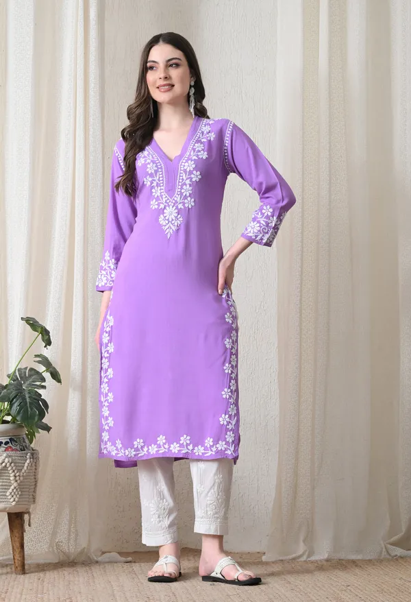 Purple_Hand-Embroidered_Chikankari_Rayon_Straight_Kurta