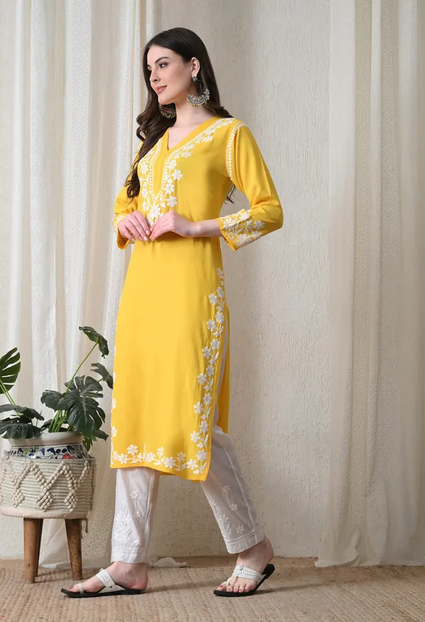 Yellow_Hand-Embroidered_Chikankari_Rayon_Straight_Kurta