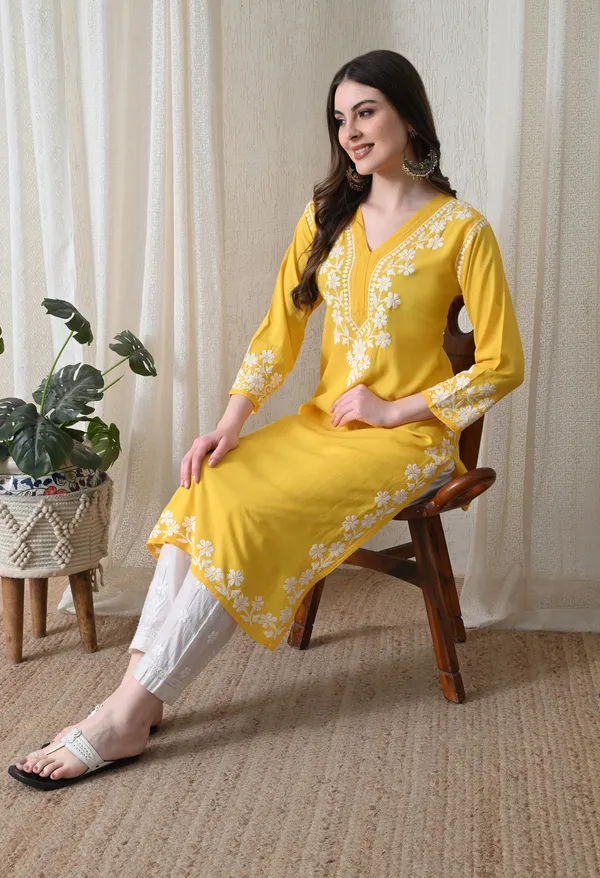 Yellow_Hand-Embroidered_Chikankari_Rayon_Straight_Kurta