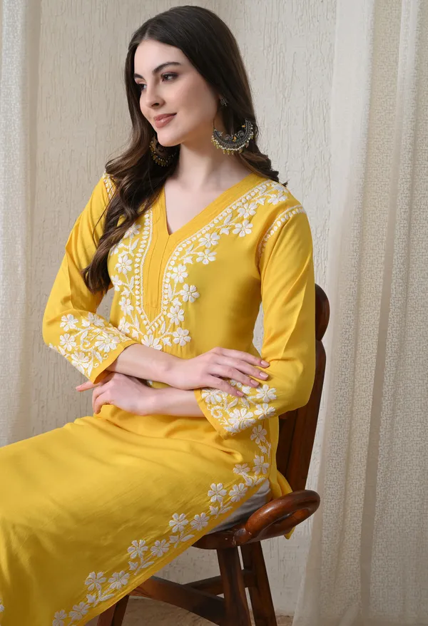 Yellow_Hand-Embroidered_Chikankari_Rayon_Straight_Kurta