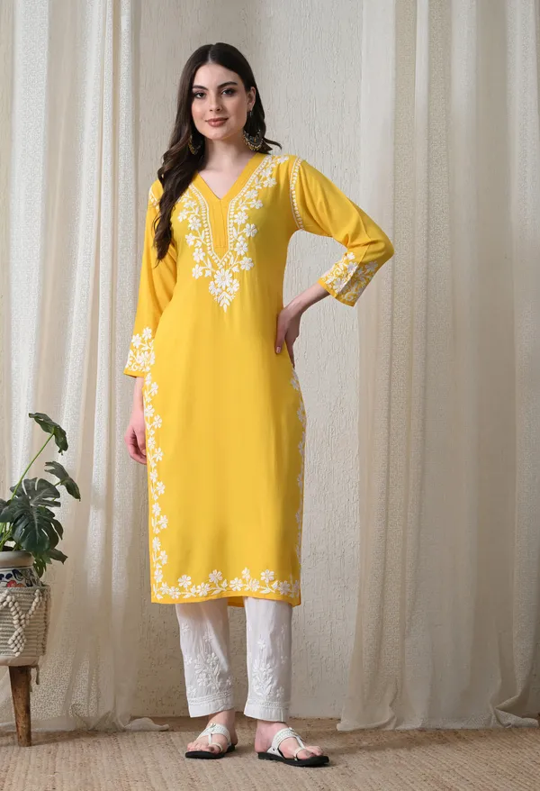 Yellow_Hand-Embroidered_Chikankari_Rayon_Straight_Kurta