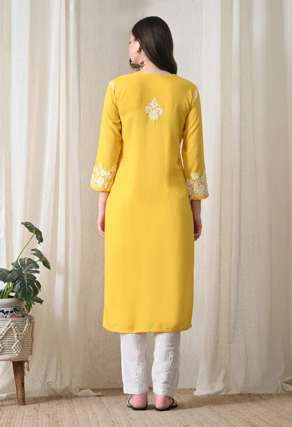 Yellow_Hand-Embroidered_Chikankari_Rayon_Straight_Kurta