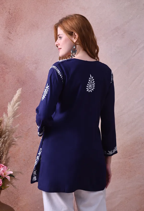 Navy_Blue_Hand-Embroidered_Chikankari_Rayon_Short_Kurta