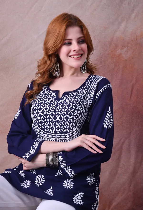 Navy_Blue_Hand-Embroidered_Chikankari_Rayon_Short_Kurta