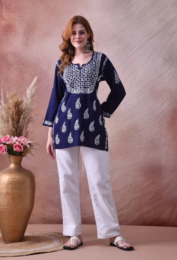 Navy_Blue_Hand-Embroidered_Chikankari_Rayon_Short_Kurta