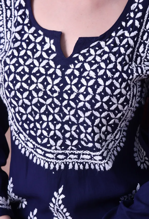 Navy_Blue_Hand-Embroidered_Chikankari_Rayon_Short_Kurta