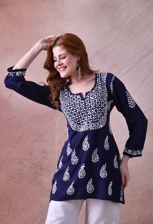 Navy_Blue_Hand-Embroidered_Chikankari_Rayon_Short_Kurta