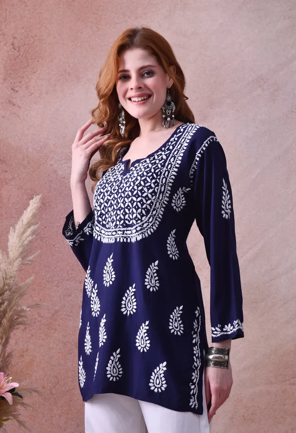 Navy_Blue_Hand-Embroidered_Chikankari_Rayon_Short_Kurta