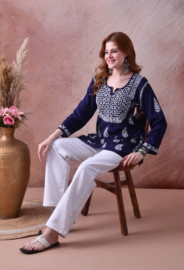 Navy_Blue_Hand-Embroidered_Chikankari_Rayon_Short_Kurta