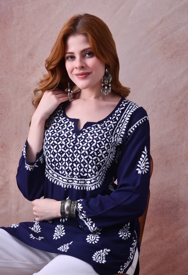 Navy_Blue_Hand-Embroidered_Chikankari_Rayon_Short_Kurta
