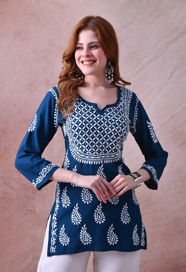 Teal_Hand-Embroidered_Chikankari_Rayon_Short_Kurta