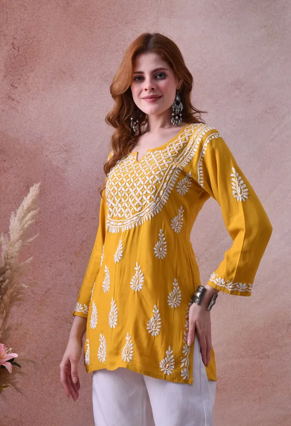 Yellow_Hand-Embroidered_Chikankari_Rayon_Short_Kurta