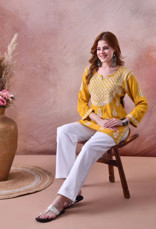 Yellow_Hand-Embroidered_Chikankari_Rayon_Short_Kurta