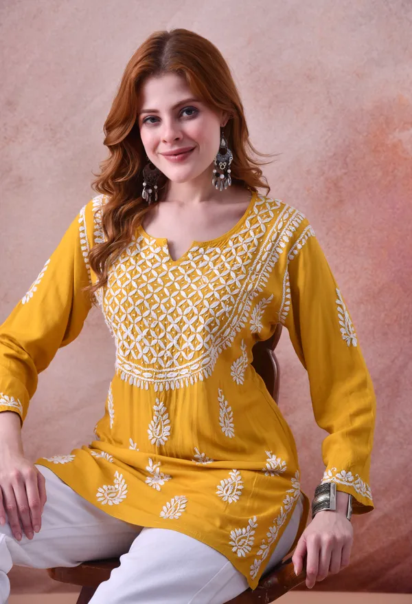 Yellow_Hand-Embroidered_Chikankari_Rayon_Short_Kurta