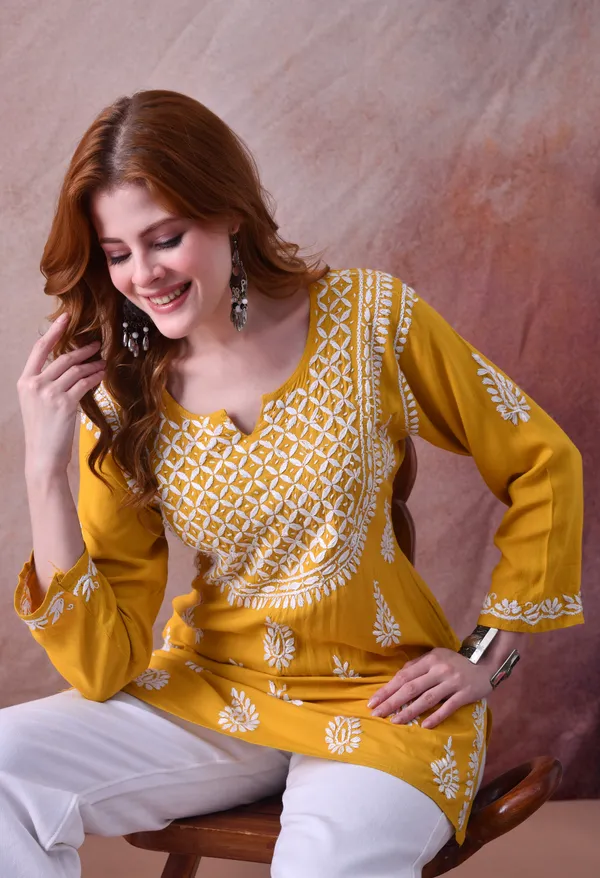 Yellow_Hand-Embroidered_Chikankari_Rayon_Short_Kurta