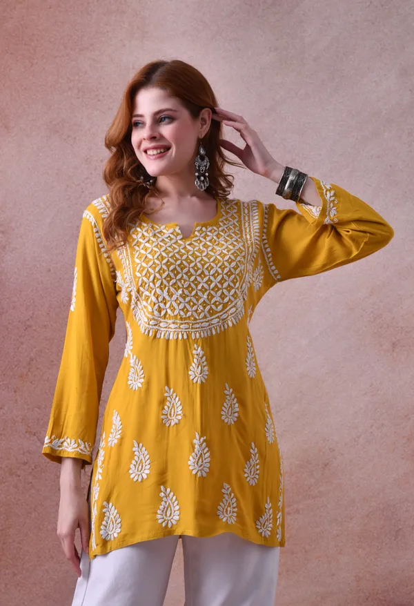 Yellow_Hand-Embroidered_Chikankari_Rayon_Short_Kurta
