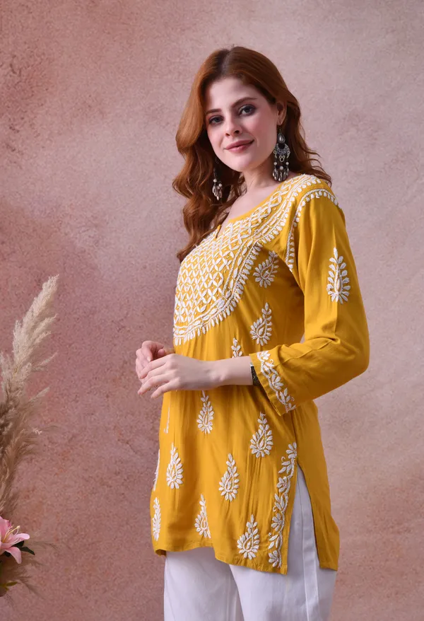 Yellow_Hand-Embroidered_Chikankari_Rayon_Short_Kurta