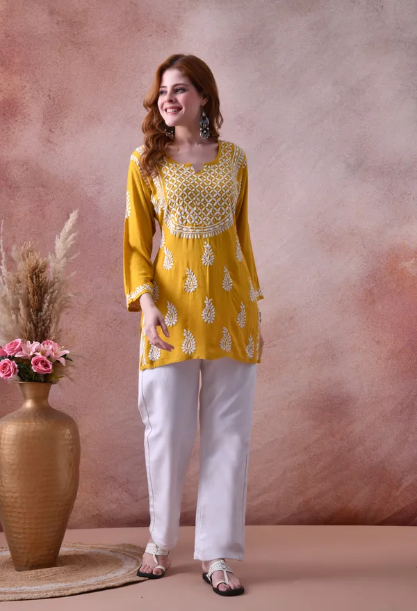 Yellow_Hand-Embroidered_Chikankari_Rayon_Short_Kurta