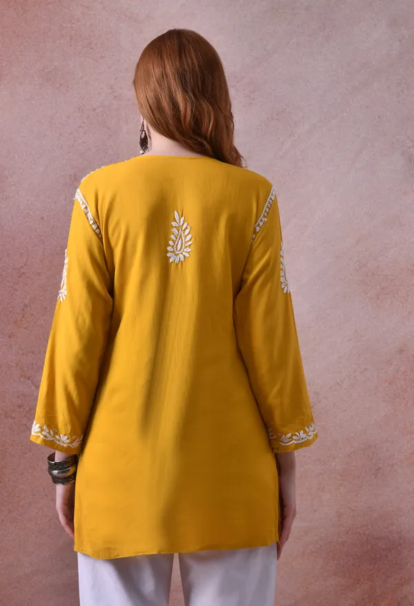Yellow_Hand-Embroidered_Chikankari_Rayon_Short_Kurta