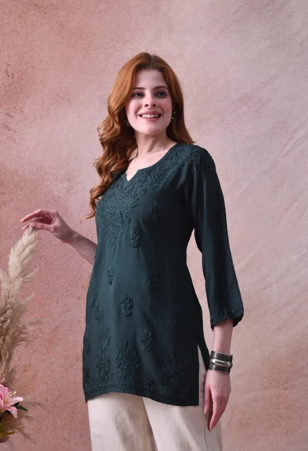 Dark_Green_Rayon_Chikankari_Short_Kurta
