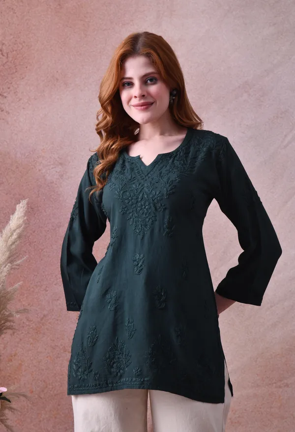 Dark_Green_Rayon_Chikankari_Short_Kurta