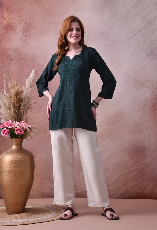 Dark_Green_Rayon_Chikankari_Short_Kurta