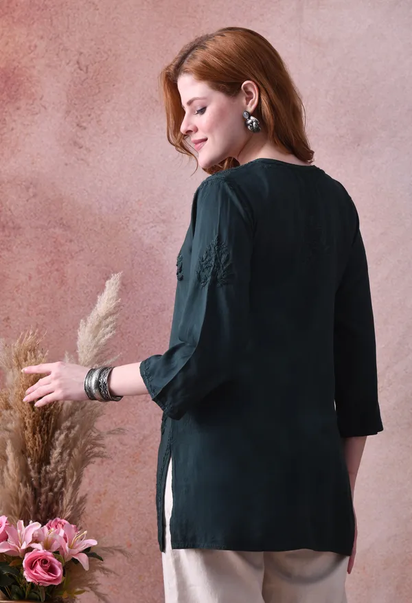 Dark_Green_Rayon_Chikankari_Short_Kurta