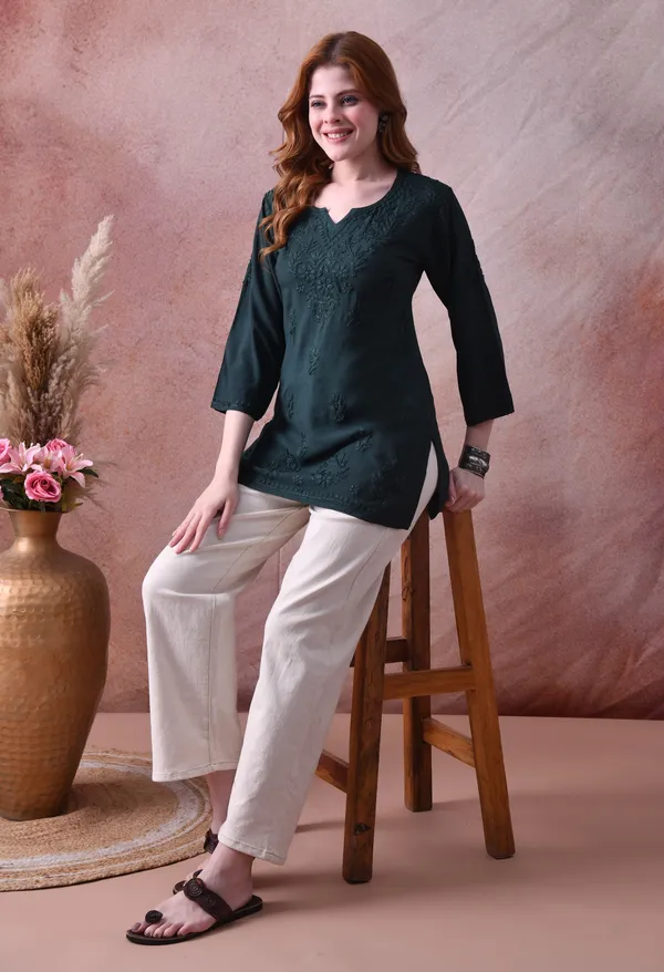 Dark_Green_Rayon_Chikankari_Short_Kurta