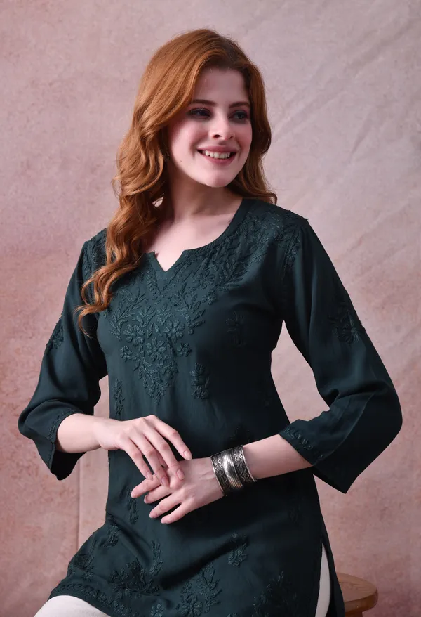 Dark_Green_Rayon_Chikankari_Short_Kurta