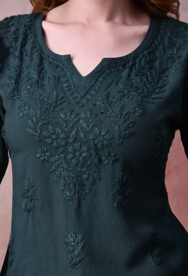 Dark_Green_Rayon_Chikankari_Short_Kurta