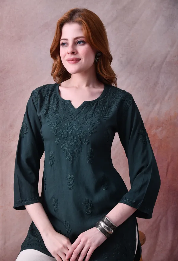 Dark_Green_Rayon_Chikankari_Short_Kurta