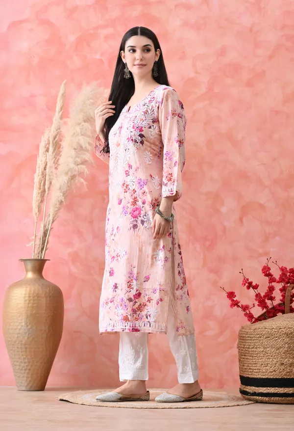 Hand_Embroidered_Chikankari_Mulmul_Floral_Print_Kurta-Orange
