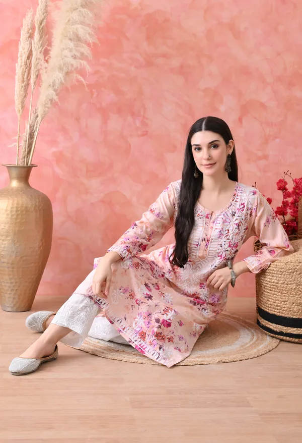 Hand_Embroidered_Chikankari_Mulmul_Floral_Print_Kurta-Orange