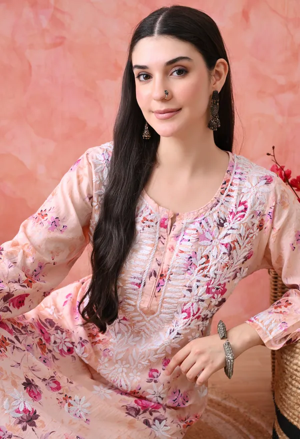 Hand_Embroidered_Chikankari_Mulmul_Floral_Print_Kurta-Orange
