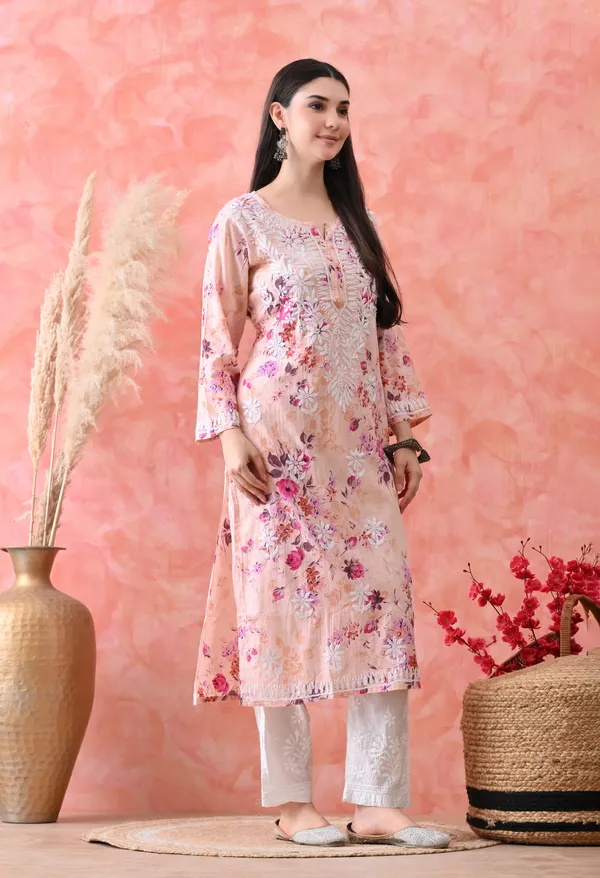 Hand_Embroidered_Chikankari_Mulmul_Floral_Print_Kurta-Orange