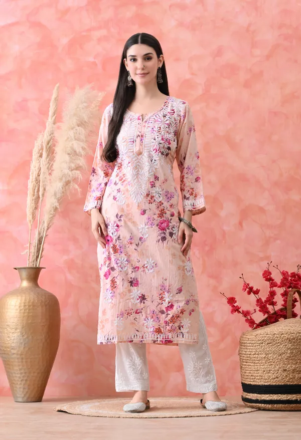 Hand_Embroidered_Chikankari_Mulmul_Floral_Print_Kurta-Orange