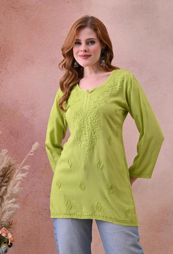 Parrot_Green_Rayon_Chikankari_Short_Kurta