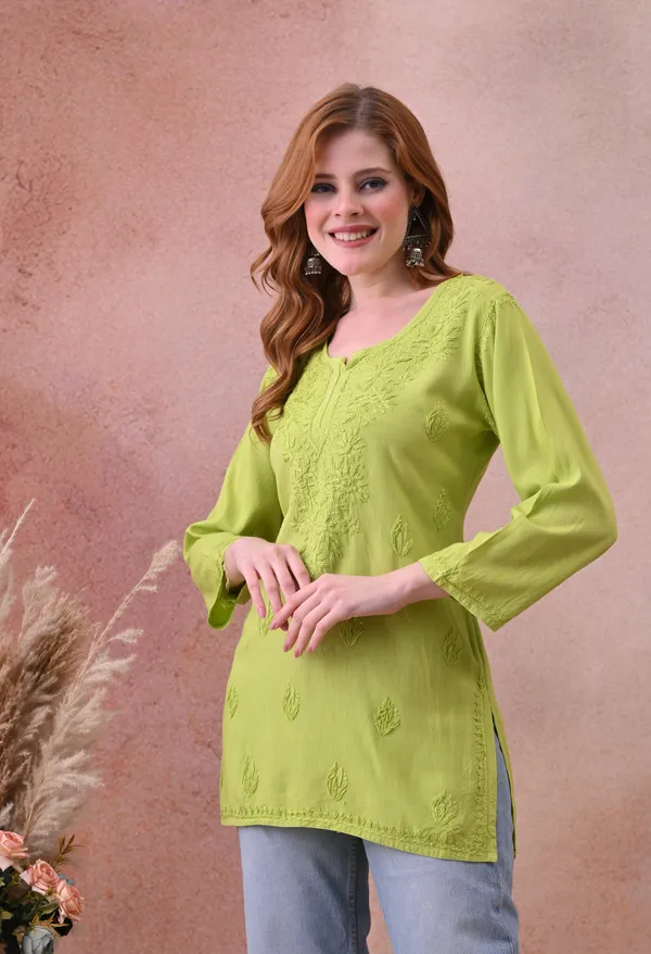 Parrot_Green_Rayon_Chikankari_Short_Kurta